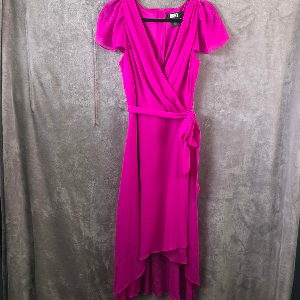 DKNYPink Chiffon Wrap Midi Dress Flutter Sleeve High Low Hem Wedding Guest 6